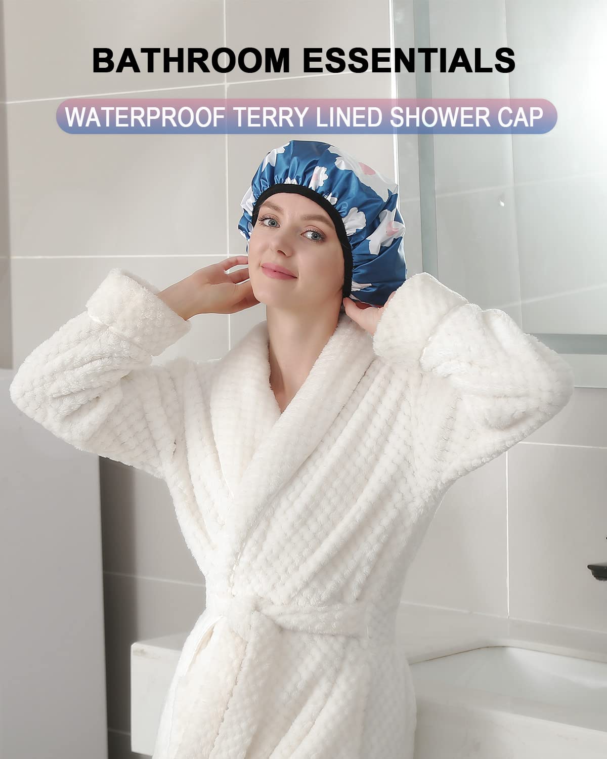 YIZIJIZI Waterproof Shower Cap - Triple Layer Design for Long Thick Hair | Reusable & Stylish (Blue)