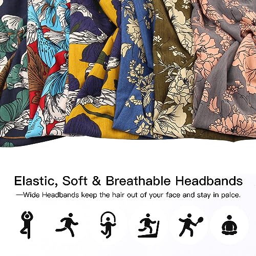 Carede Wide Headbands for Women Girls,Floral Printed Boho Headband Turban Knot Hairband Twist Workout Headbands Fashion Yoga Hair Bands,Pack of 6