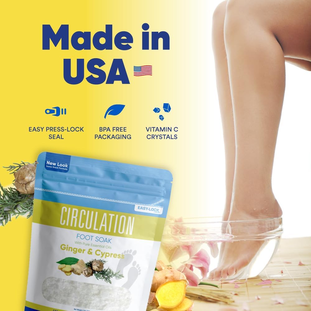 Skiennix Epsom Salt Foot Soak - 32 Ounces with Ginger & Cypress Essential Oils | Vitamin C Infused, BPA-Free Pouch