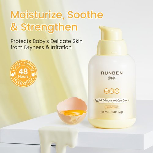 RUNBEN Baby Face Cream - 48H Deep Moisturizing with Egg Yolk Oil | Gentle, Non-Greasy Lotion for Dry Skin, 1.76 oz