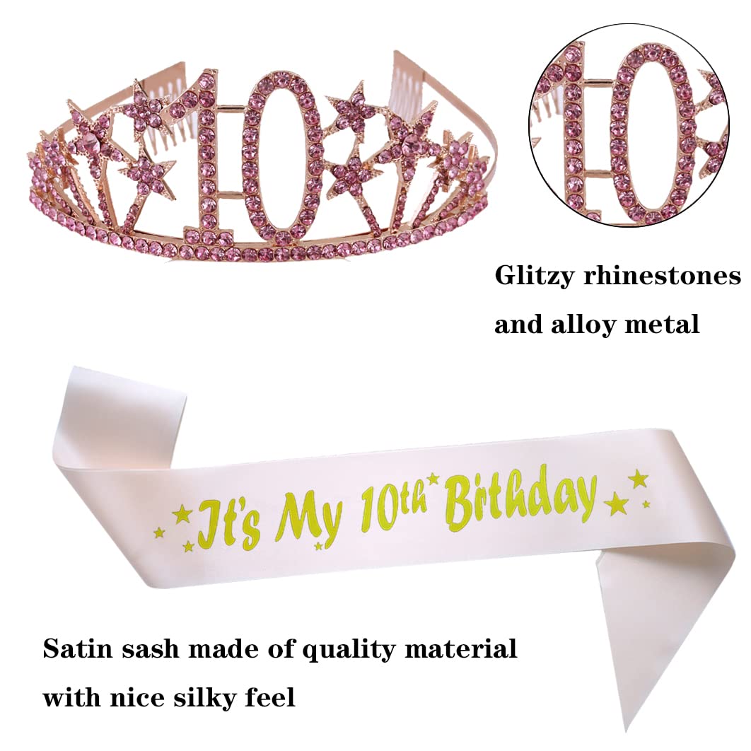 Happy 10th Birthday Tiara and Sash Gifts Crystal Rhinestone Princess Crown Birthday Girl Party Favor Supplies Pink Crowns Pink Sash