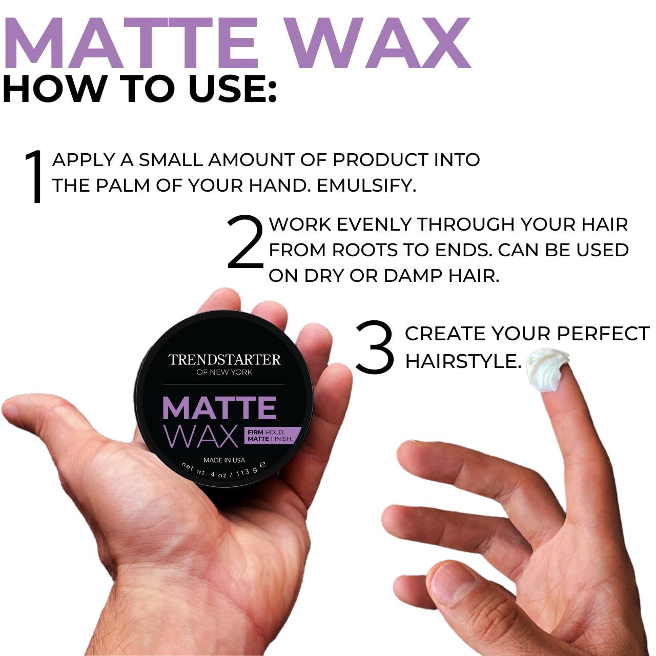TRENDSTARTER Matte Wax - Firm Hold Hair Styling Pomade | 4oz Water-Based, Flake-Free Finish for All Hair Types