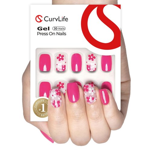 Curvlife Soft GelPress on Nails, 30Pcs 15 Sizes Nail Tips, Full Cover Pink Flower Short Design Reusable Gel Nails Kit with Glue and Adhesive Tabs