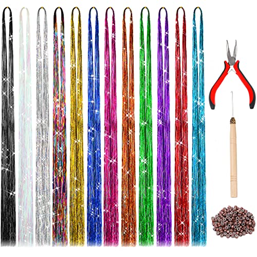 FEBSNOW 47 Inches Tinsel Hair Extension with Tool 12 Colors 2400 Strands Hair Extension Tinsel Kit Glitter Hair Extensions for Women Girls Hair Accessories for Christmas New Year Cosplay Party