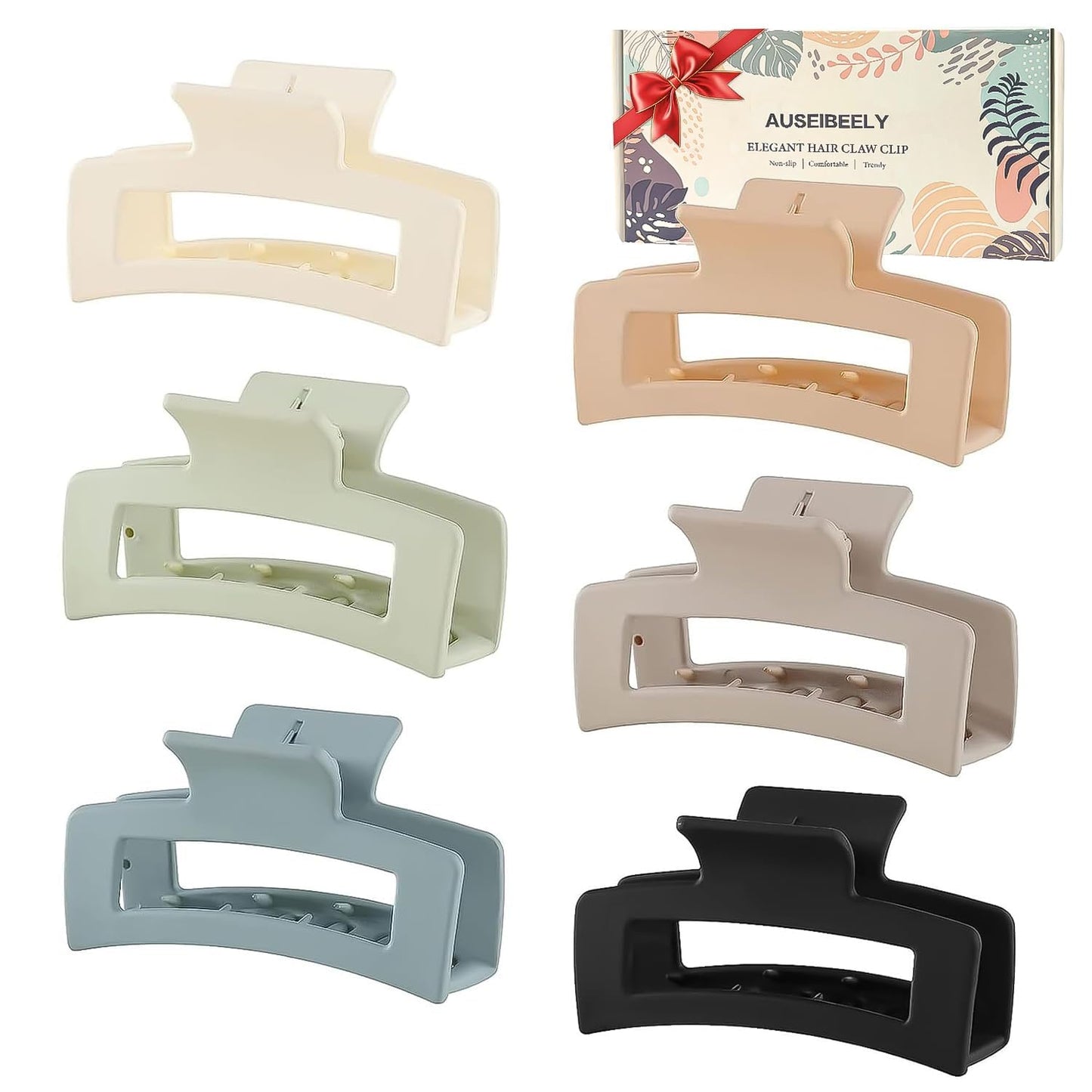 6 Pack Square Claw for Women Girls, 3.5" Medium Non-slip Rectangular Matte Clips Strong Hold Jumbo Hair Styling Accessories, Cool