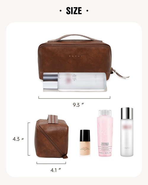 EACHY Travel Makeup Bag, Large Capacity Cosmetic Bags for Women, Waterproof Portable Open Flat Toiletry Bag Make up Bag with Divider and Handle, Gifts for Women (I-Brown, Medium)