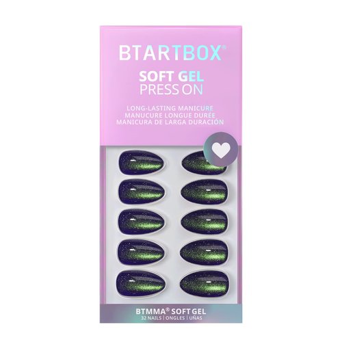 BTArtbox Press On Nails Short - Witch's Emerald, Sparkle Cat Eye Blue Almond Halloween Press On Nails with Nail Glue for Woman, Soft Gel Glue On Nails in 16 Sizes - 32 Stick On Nails Kit