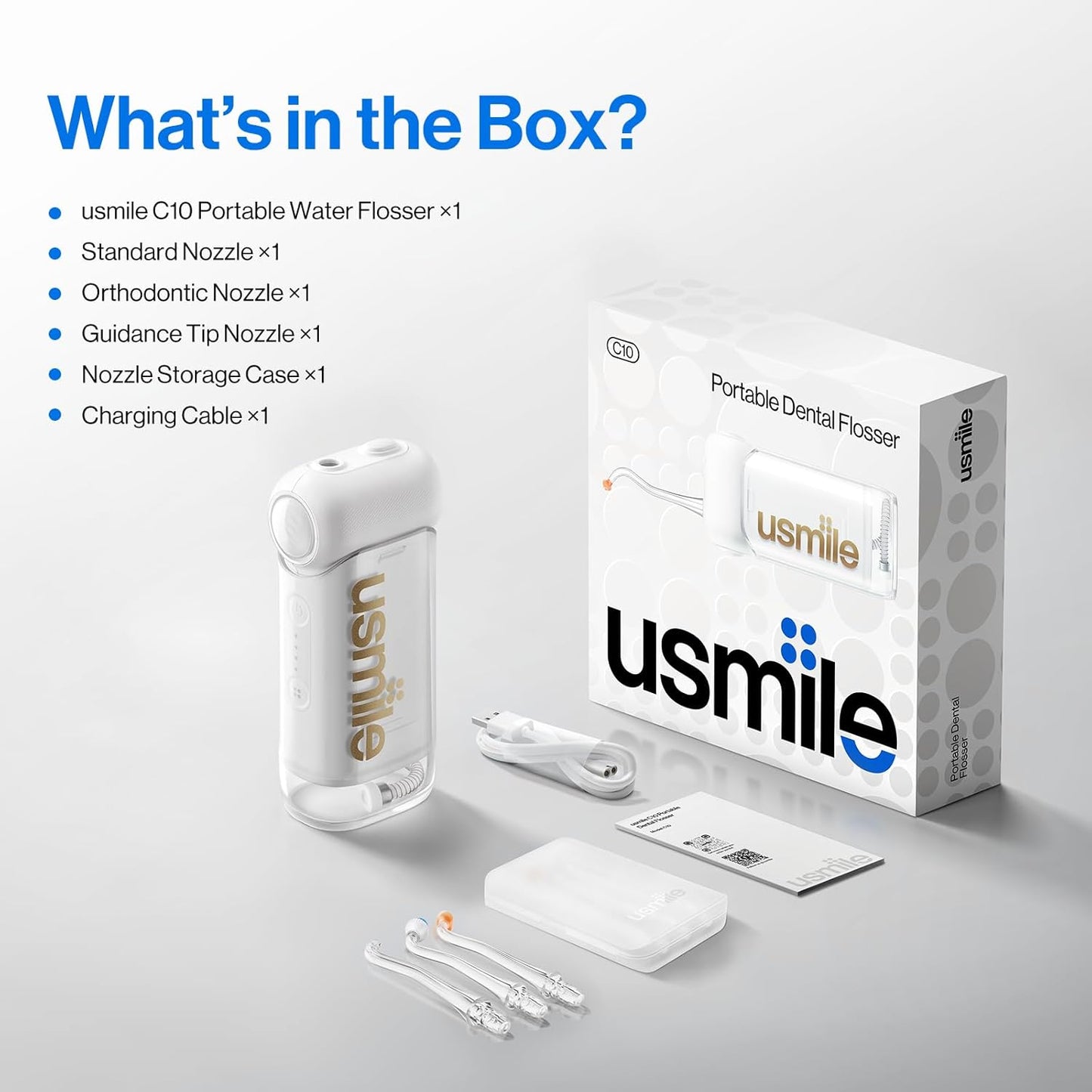 Usmile C10 Portable Water Flosser - Travel-Friendly Design, 95-Day Battery, 4 Modes, 180ml Tank, IPX7 Waterproof (White)