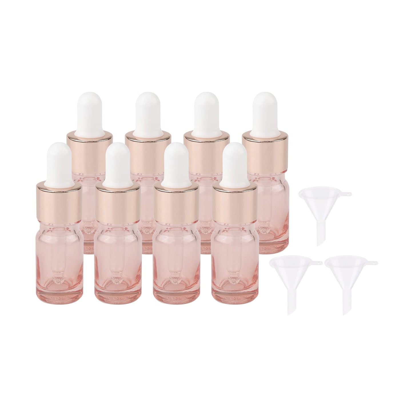 Kesell 8 Pack 5ml Pink Dropper Bottles, Empty Refillable Glass Sample Vials Essential Oils DIY Perfume Travel Container, With Rose-Gold Cap And 3 Funnels