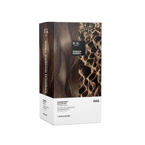 IGK Permanent Hair Dye Color Kit - 6AG French Riviera Light Beige Brown | 100% Gray Coverage, Strengthens & Shines