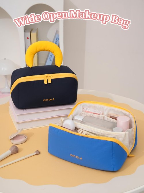 Detola Travel Makeup Bag, Cosmetic Bags for Women Lay Flat Makeup Bag with Compartments and Handle Waterproof Toiletry Bag Wide Open Portable Pouch Travel Essentials Gifts for Women, Blue