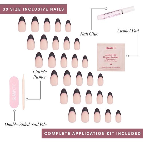 Glamnetic Press On Nails - Caviar | Semi-Transparent Short Almond Fake Nails, Salon Quality | 15 Sizes - 30 Nail Kit with Glue
