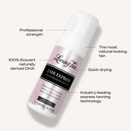 Loving Tan 2 HR Express Self Tanning Mousse, Ultra Dark - Streak Free, Natural, Professional Quality - 5+ Sunless Self Tanner Applications per Bottle, Cruelty Free, Naturally Derived DHA - 4 FL Oz
