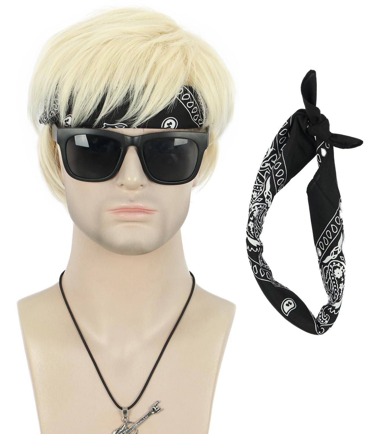 VGbeaty Adult Men Short Straight Platinum Blonde Wig With Black Bandana Halloween Cosplay Costume Anime Wig