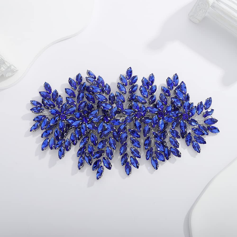 Teyglen Large Full Rhinestones Flower Bride Wedding Hair Comb Headband Luxurious Hair Accessories Dainty Blue Crystals Bridal Side Hair Combs for Women Bride Girls (Blue)