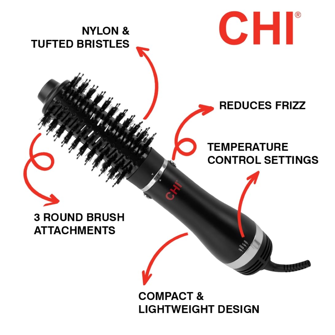 CHI 3-in-1 Round Blowout Brush - Hair Dryer Brush for Smooth, Frizz-Free Hair | 3 Heads & Adjustable Heat