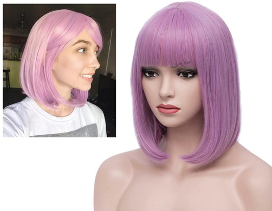 BERON 12 Inches Lavender Bob Wig Short Straight Purple Wig with Bangs for Women Light Purple Wig Halloween Cosplay or Daily Use Wigs (Lavender Purple)