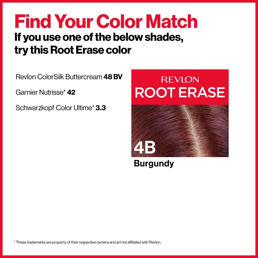 Revlon Permanent Hair Color, Permanent Hair Dye, At-Home Root Erase with Applicator Brush for Multiple Use, 100% Gray Coverage, Burgundy (4B), 3.2 Fl Oz