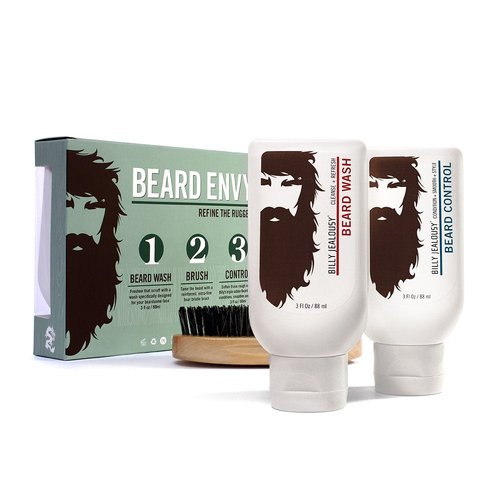 Billy Jealousy Beard Envy Kit - Facial Hair Refining with Wash & Boar Bristle Brush for Soft, Tamed Beard