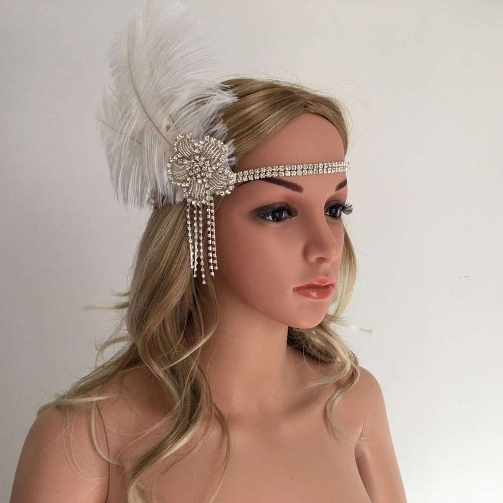 Song Qing 1920s Rhinestone Flapper Feather Headpiece Roaring 20s Great Gatsby Fascinators Accessories for Women