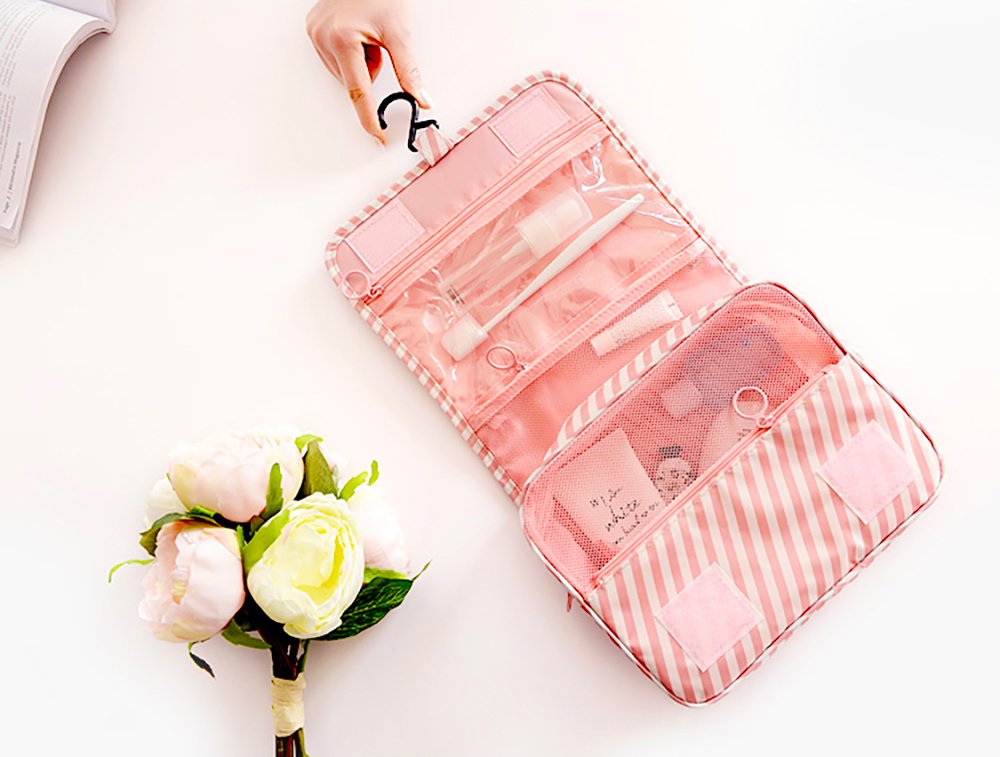 Mossio Hanging Toiletry Bag - Large Cosmetic Makeup Travel Organizer for Men & Women with Sturdy Hook (Pink Striped)