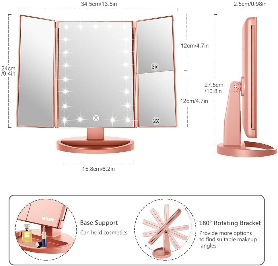WEILY Makeup Mirror with 21 LED Lights,Two Power Supply Modes, Adjustable Touch Screen and 1x/2x/3x Magnification Tri-Fold Vanity Mirror,Chargeable Travel Cosmetic Mirror for Desktop(Rose Pink)