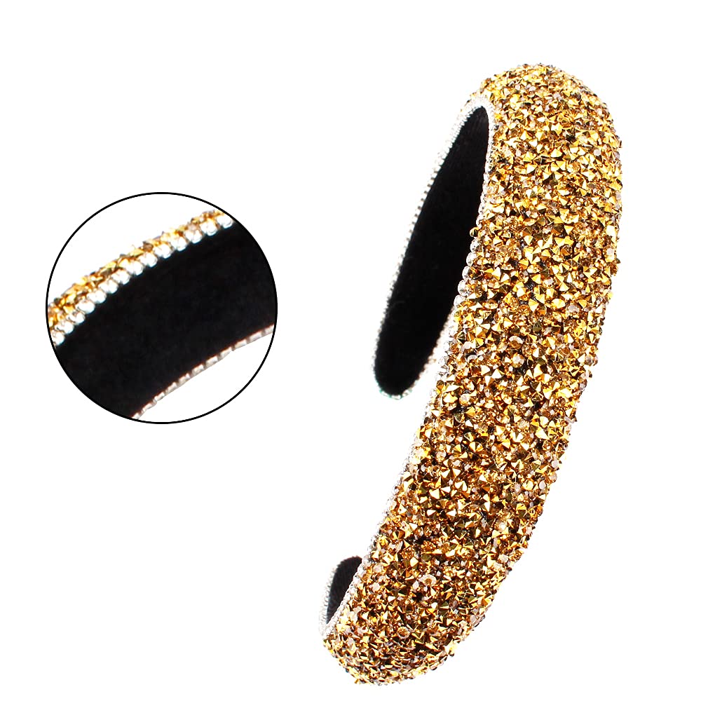 FASOTY Rhinestone Headband Women Fashion Handmade Gold Headband Crystal Diamond Bling Headbands Hair Hoops Padded Headband Glitter Beaded Jeweled Hairband Sparkle Hair Accessories