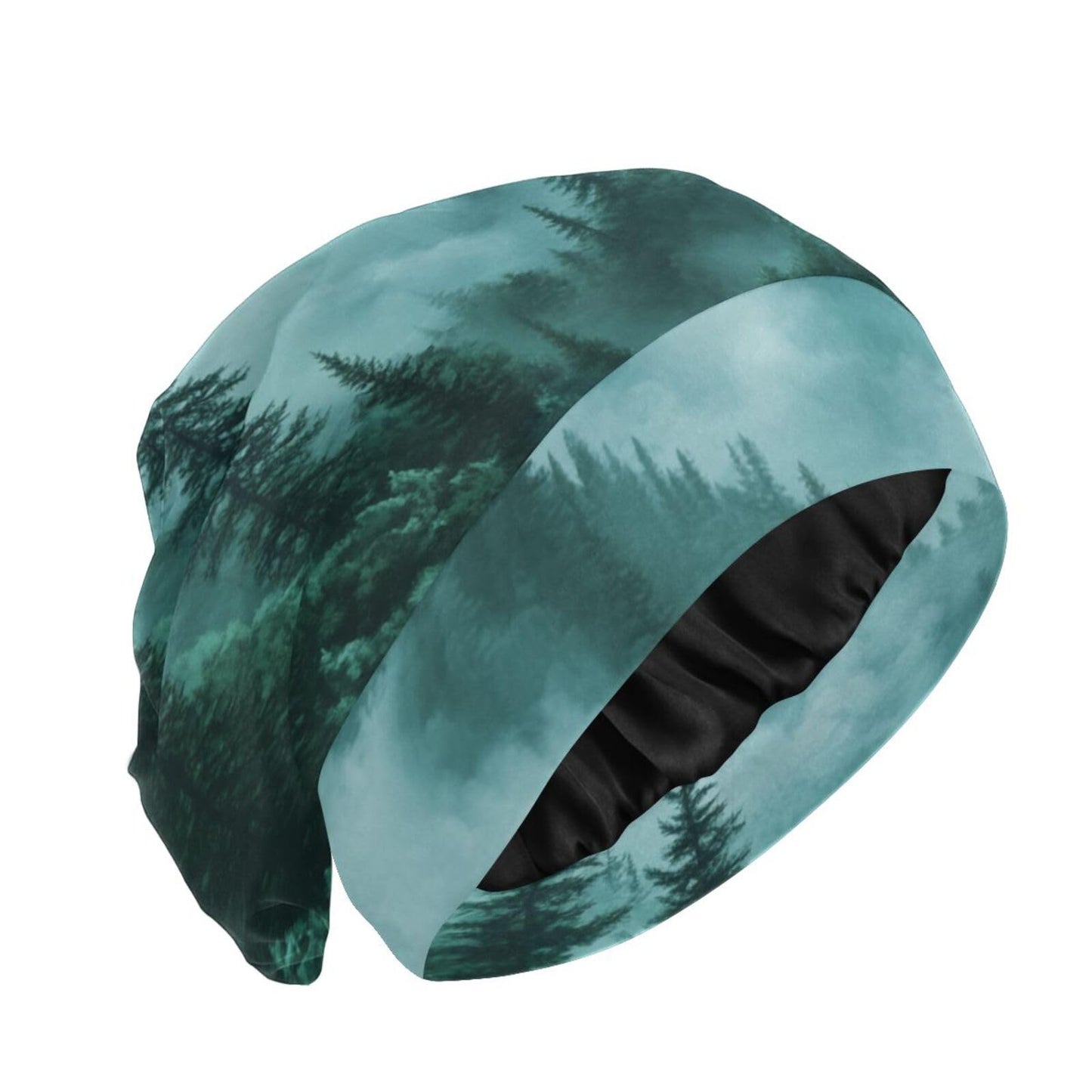 ElliTarr Beanie Hat Satin Bonnet Lined Sleep Cap Hair Wrap Cover Slouchy Beanie for Curly Hair Protection for Gifts for Men Women Foggy Green Mountains and Pine Trees