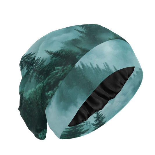 ElliTarr Beanie Hat Satin Bonnet Lined Sleep Cap Hair Wrap Cover Slouchy Beanie for Curly Hair Protection for Gifts for Men Women Foggy Green Mountains and Pine Trees