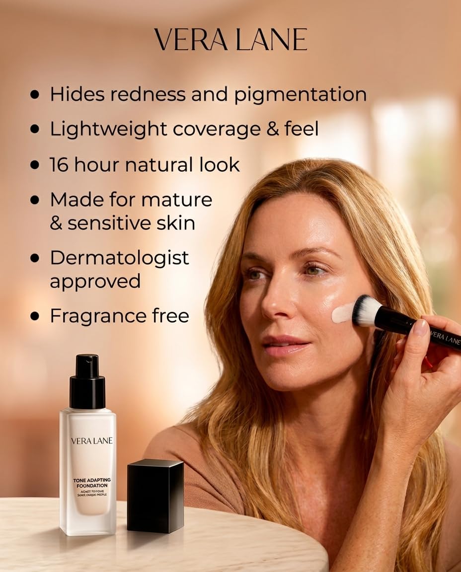Vera Lane Color Changing Foundation - Self-Adjusting Makeup for Mature Skin | Natural, Lightweight Formula