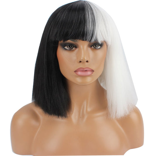 WeKen Halloween Wig Women Short Bob Kinky Straight Full Bangs Synthetic Black and White