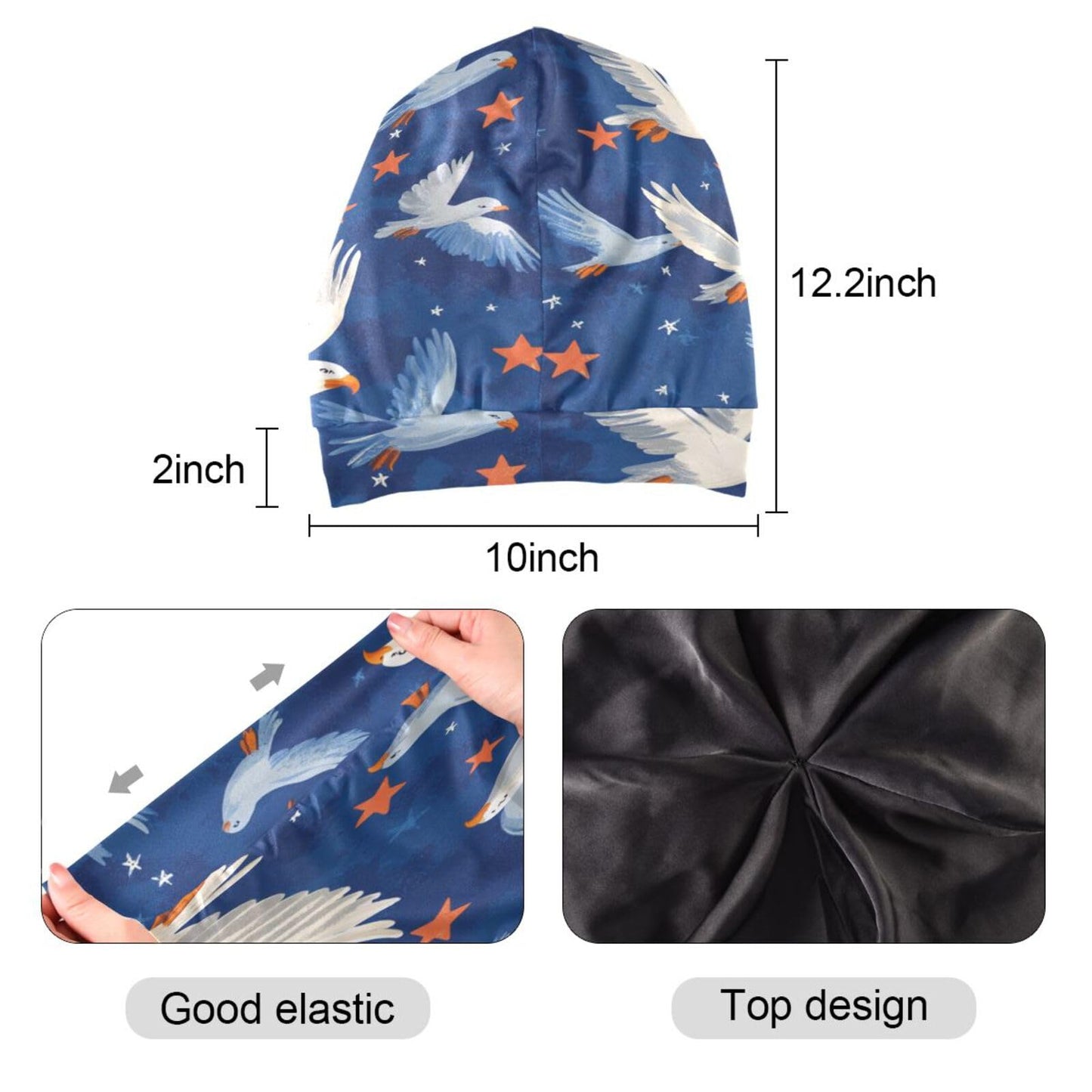 ElliTarr Beanie Hat Satin Bonnet Lined Sleep Cap Hair Wrap Cover Slouchy Beanie for Curly Hair Protection for Gifts for Men Women Cartoon Bald Eagle and Patriotic Stars