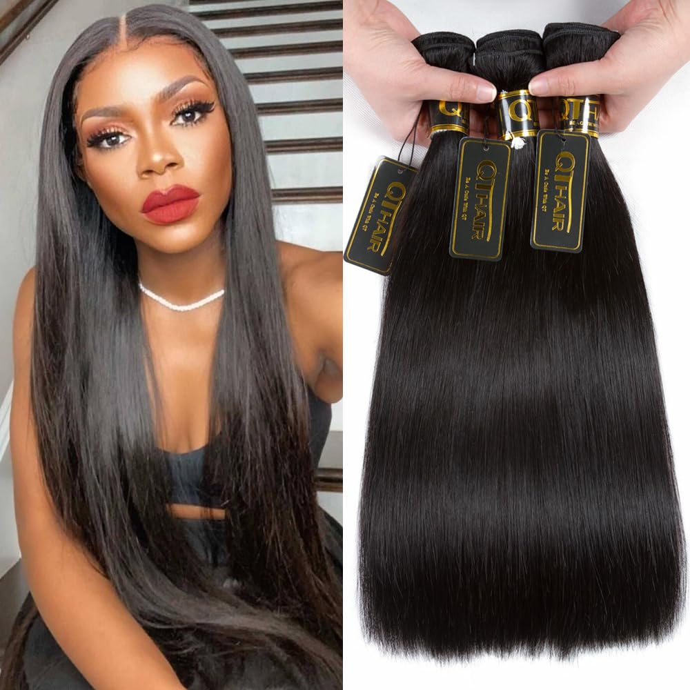 QTHAIR 14A Straight Human Hair(16" 16" 16",300g) Natural Color 100% Unprocessed Human Hair Extensions Indian Virgin Human Hair Weaves Indian Straight Hair