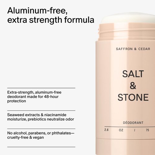 Salt & Stone Aluminum Free Deodorant - Extra Strength 48-Hour Protection for Men & Women | Saffron & Cedar Scent