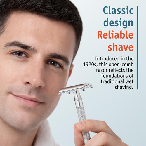 Merkur 25C Double Edge Safety Razor - Bright Chrome, Open Comb Design, Long Handle, Plastic-Free