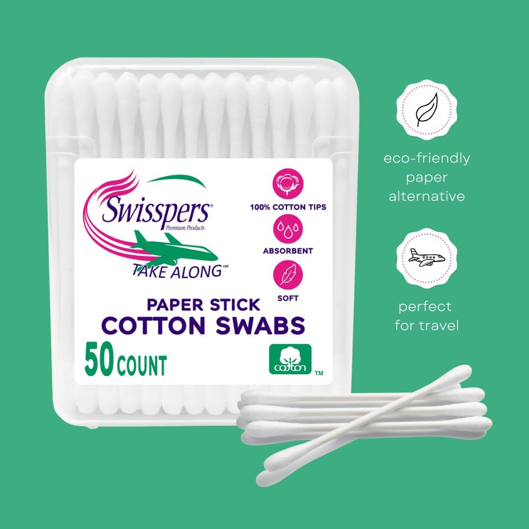 Swisspers Cotton Swabs - 100% Cotton Double-Tipped Travel Size | 6-Pack with 300 Swabs Total