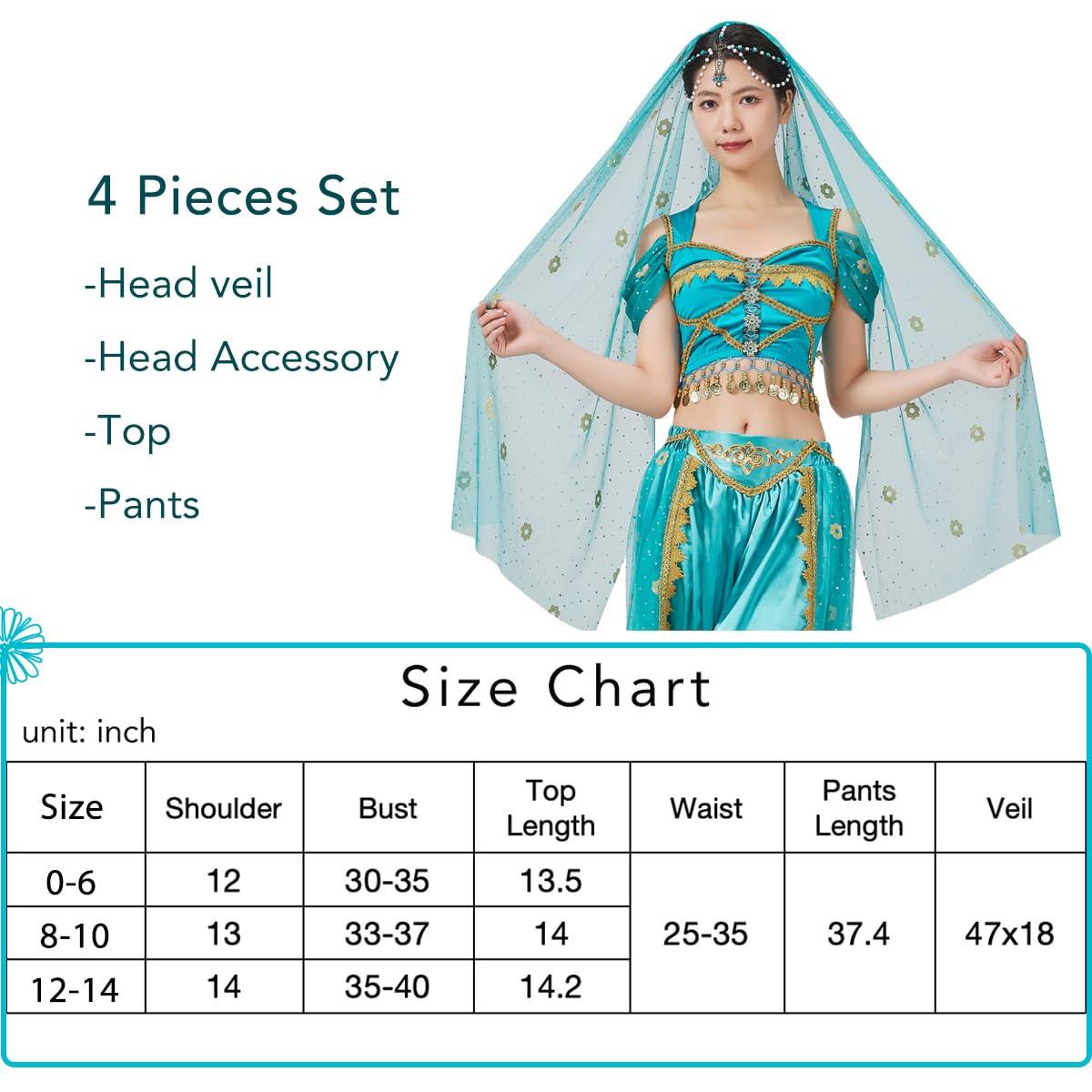 COWINTIC Belly Dance Princess Costume - Aladdin Jasmine Cosplay Outfits Halloween Party Teal Costumes for Women/Girls(Adult,L)