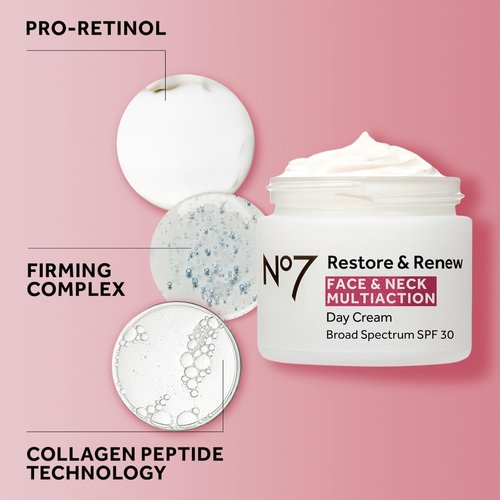 No7 Restore & Renew Multi Action Face & Neck Cream - Anti-Aging Moisturizer with SPF 30 - Hydrates & Firms Crepey Skin - Enriched with Hyaluronic Acid, Peptides & Ceramides (1.69 Oz)