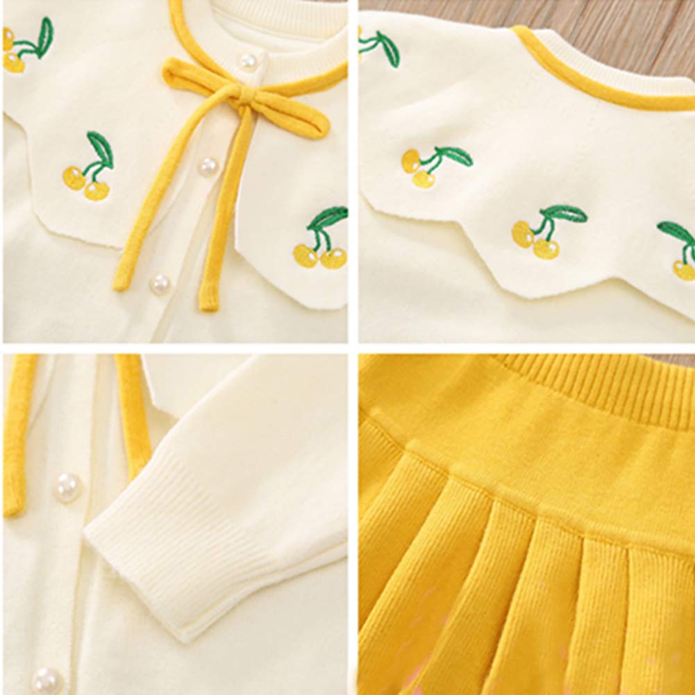 Toddler Baby Girls Autumn Winter Clothes Knitted Button up Long Sleeve Ruffle Bowknot Sweater Tops+Pleated Mini Tutu Skirt 2pcs Outfit Princess Dress up Costume for Kids Yellow-Cherry 4-5 Years