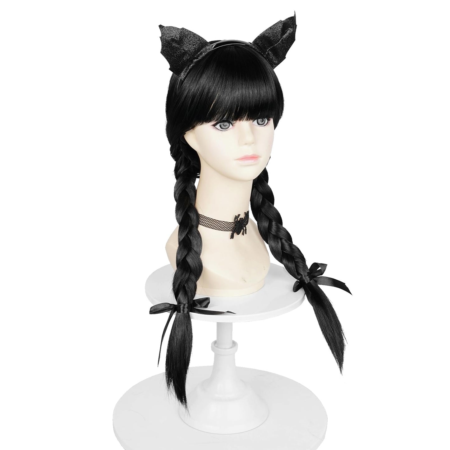 Black Braided Wednesday Wig for Kids, Long Braids Wig with Ribbon Adjustable Chocker Headband Accessories for Halloween Costume Cosplay Party