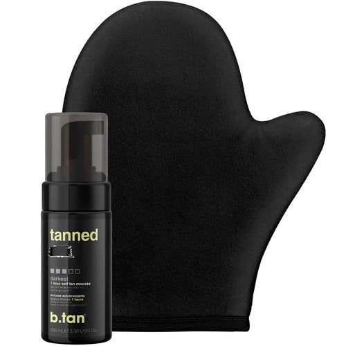 b.tan Dark Self Tanner Kit - Travel Size Mini Bundle with 1 Hour Express Foam & Mitt Applicator, 3 Fl Oz