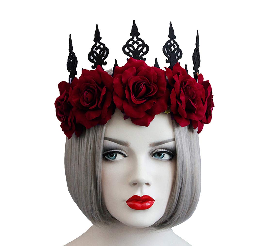 Love Sweety Halloween Vintage Crown Rose Headband Gothic Floral Headpiece (A Red)