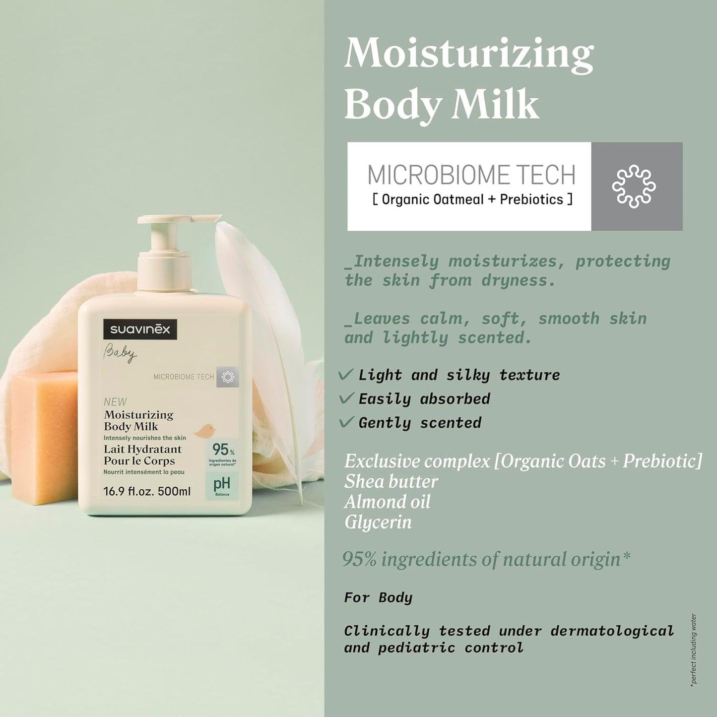 Suavinex Moisturizing Body Milk - Gentle Baby Lotion for Sensitive Skin | 95% Natural Ingredients, 16.9 fl oz