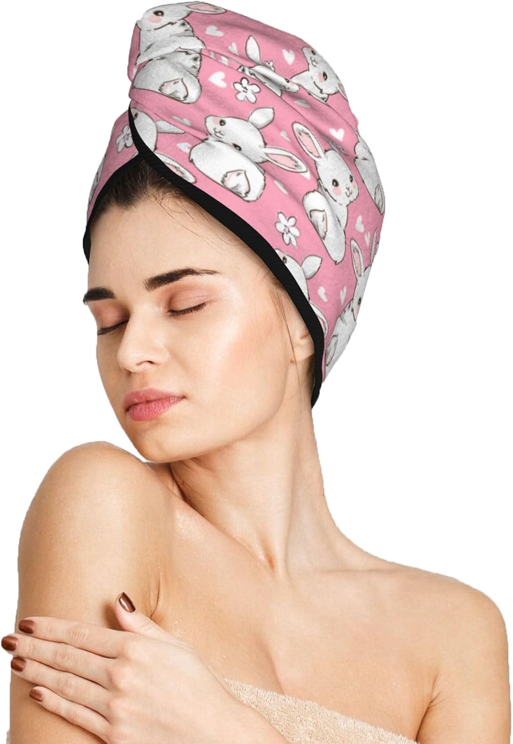 Skiennix Bunny Hair Towel Wrap - Fast Drying Microfiber Turban with Buttons for Curly & Thick Hair