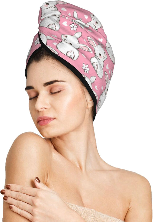 Skiennix Bunny Hair Towel Wrap - Fast Drying Microfiber Turban with Buttons for Curly & Thick Hair