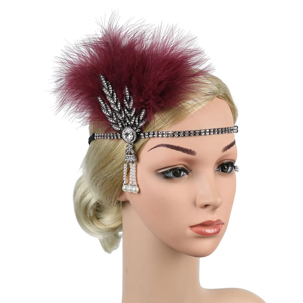 1920s Flapper Feather Headband Art Decor Gatsby Rhinestone Leaf Medallion Imitation Pearl Headpiece Hair Accessories Women (Wine Red)