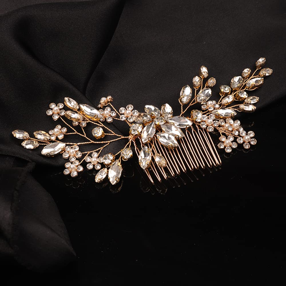 Teyglen Rhinestone Flower Bride Wedding Hair Comb Headband Crystal Hair Pieces Headpieces with Rhinestones Hair Accessories Handmade Bridal Side Hair Combs for Women Bride Girls (Gold)