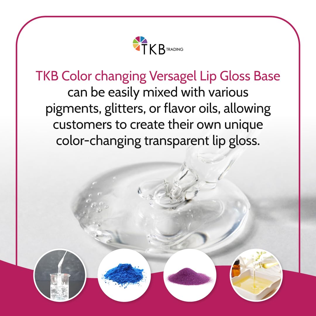 TKB Color Changing Versagel Lip Gloss Base| Clear to Pink| Vegan, Cruelty-Free, Long-Lasting| DIY Customizable with Pigments, Glitters| Made in USA (15 Ounce (Pack of 1))