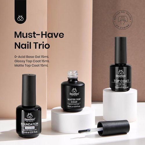 Beetles Matte Gel Top Coat No Wipe Top Coat Gel Nail Polish & Base Coat Set, 3Pcs 15ml Nail Polish Long Lasting Basic Combination, Soak Off LED Nail Lamp Art DIY Design Gifts for Women Her