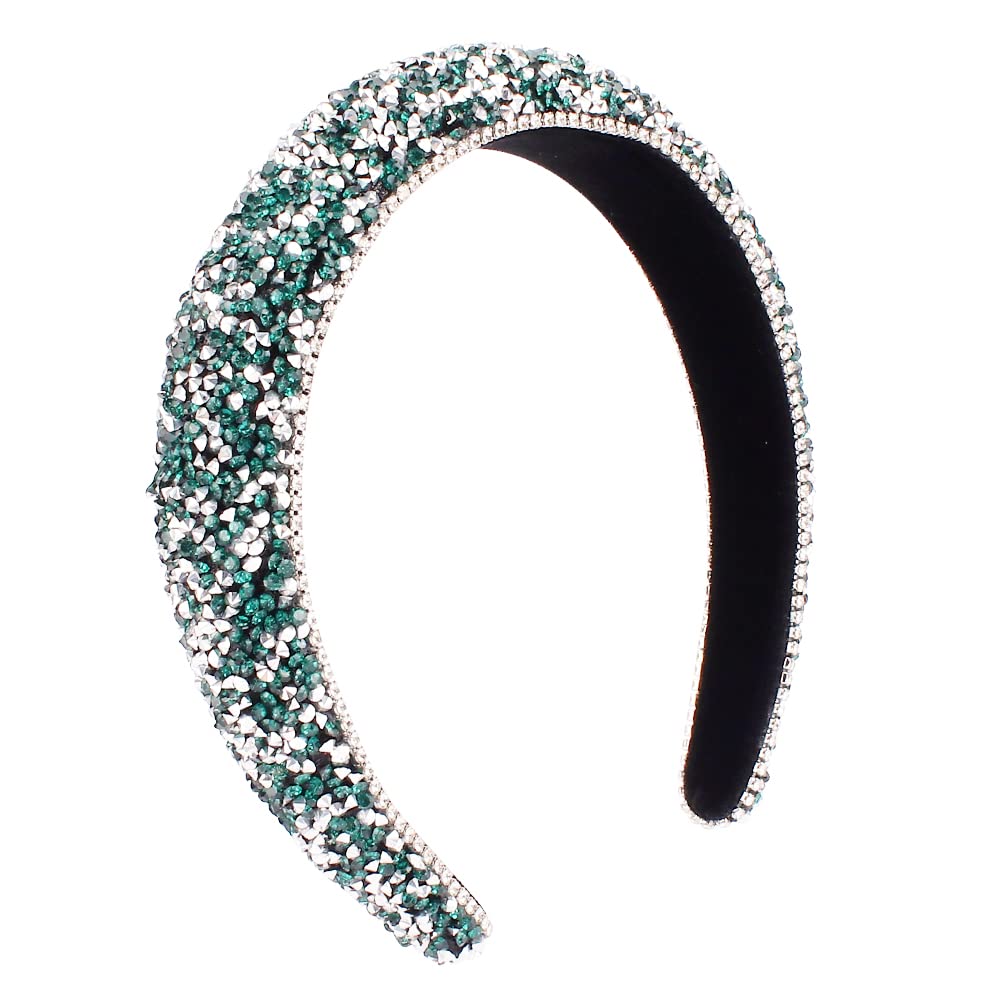 FASOTY Rhinestone Headband Women Fashion Handmade Green Headband Crystal Diamond Bling Headbands Hair Hoops Padded Headband Glitter Beaded Hairband Sparkle Hair Accessories (Green+Silver)